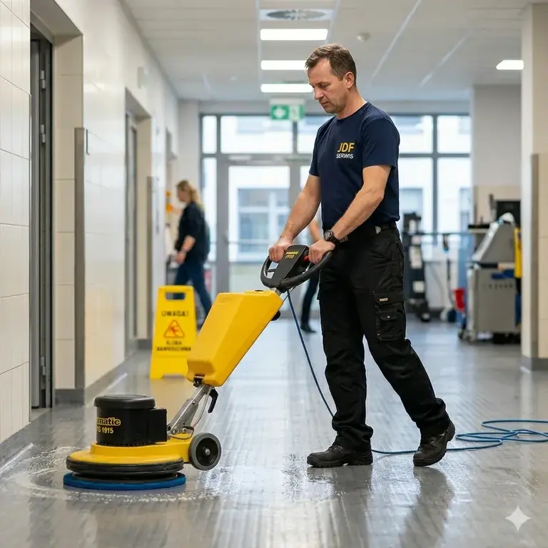 Pracownik JDF Serwis podczas maszynowego czyszczenia podłogi w obiekcie