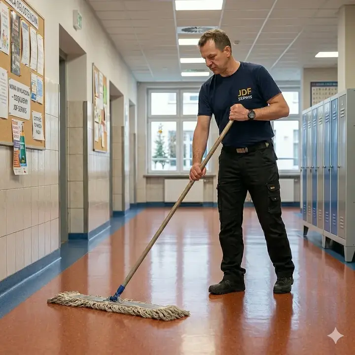 Pracownik JDF Serwis wykonujący zabezpieczanie podłogi w korytarzu placówki